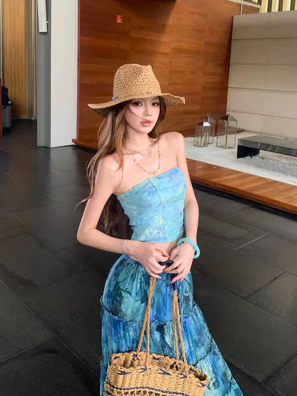 Azure Tide Bandeau Top & Maxi Skirt Set