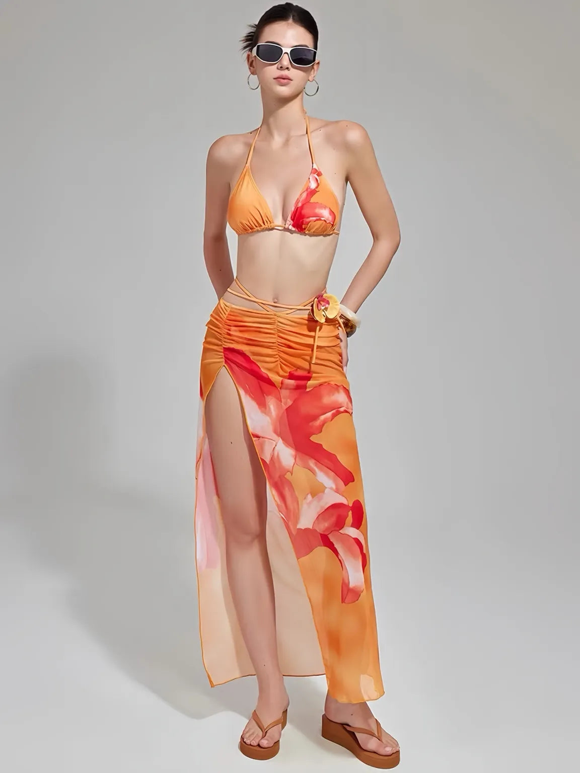 Orange Floral Print Bikini Set with Skirt - 3 Piece Bikini Set