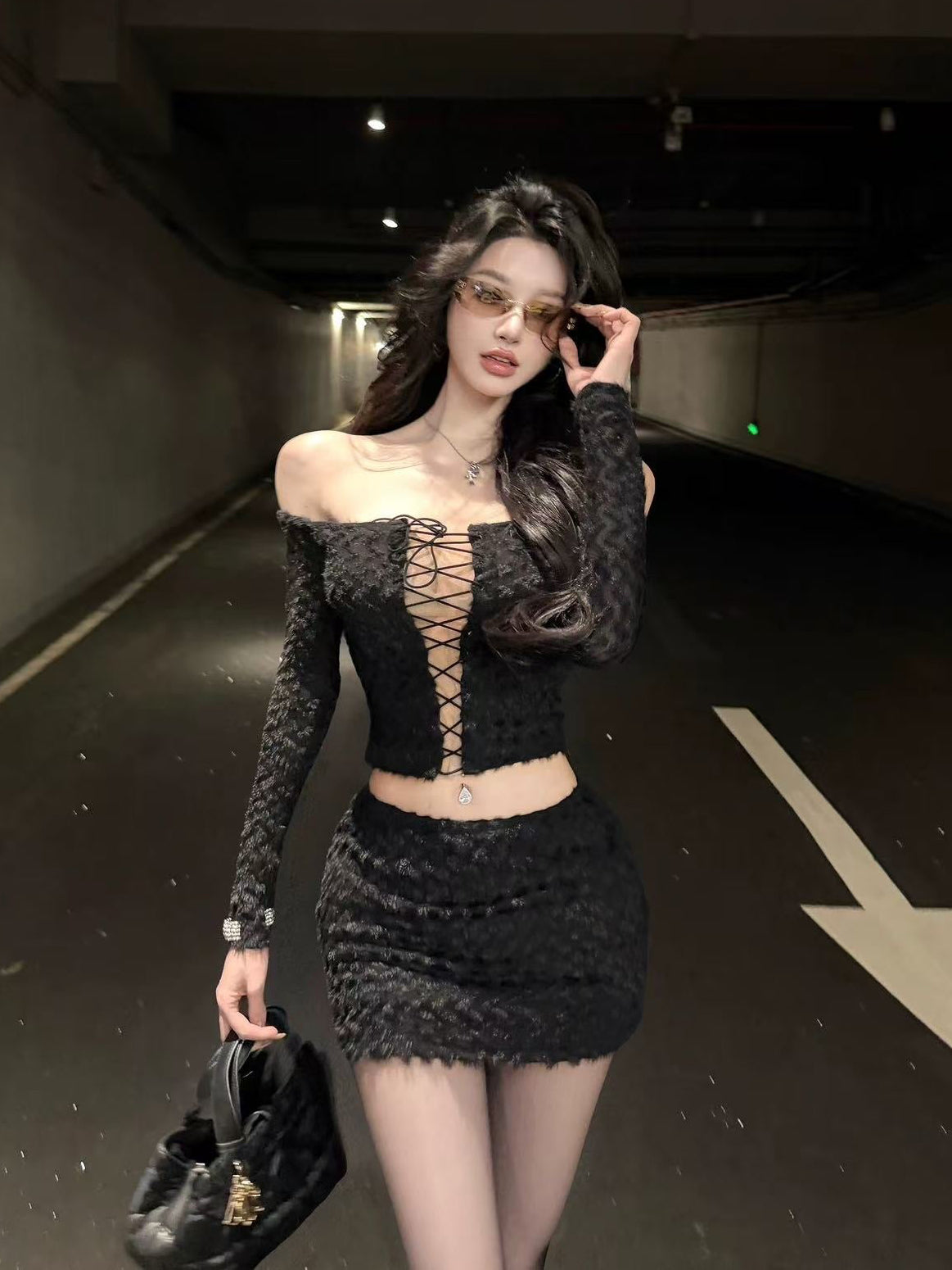 Midnight Fuzzy Lace-Up Set