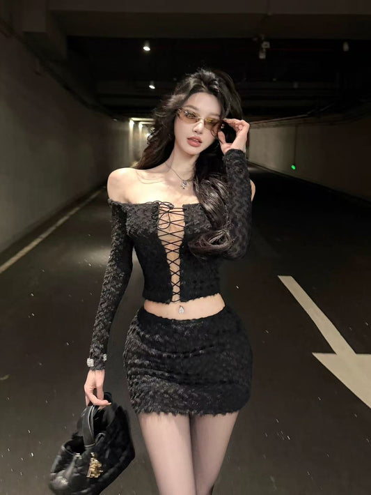 Midnight Fuzzy Lace-Up Set