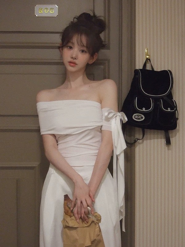 White Bowknot Tie Off-Shoulder Top