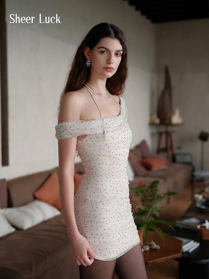 Bindi Satin Polka Dot Mesh One-Shoulder Bodycon Mini Dress