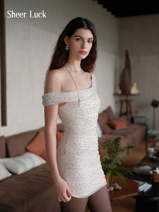 Bindi Satin Polka Dot Mesh One-Shoulder Bodycon Mini Dress