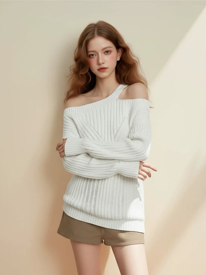 White Asymmetric Cut-Out Knit Sweater