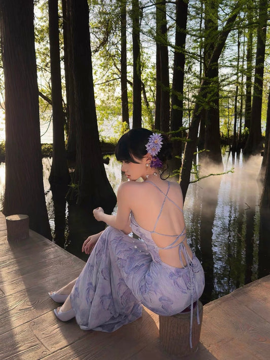 Amaris Lavender Printed Backless Maxi Dress