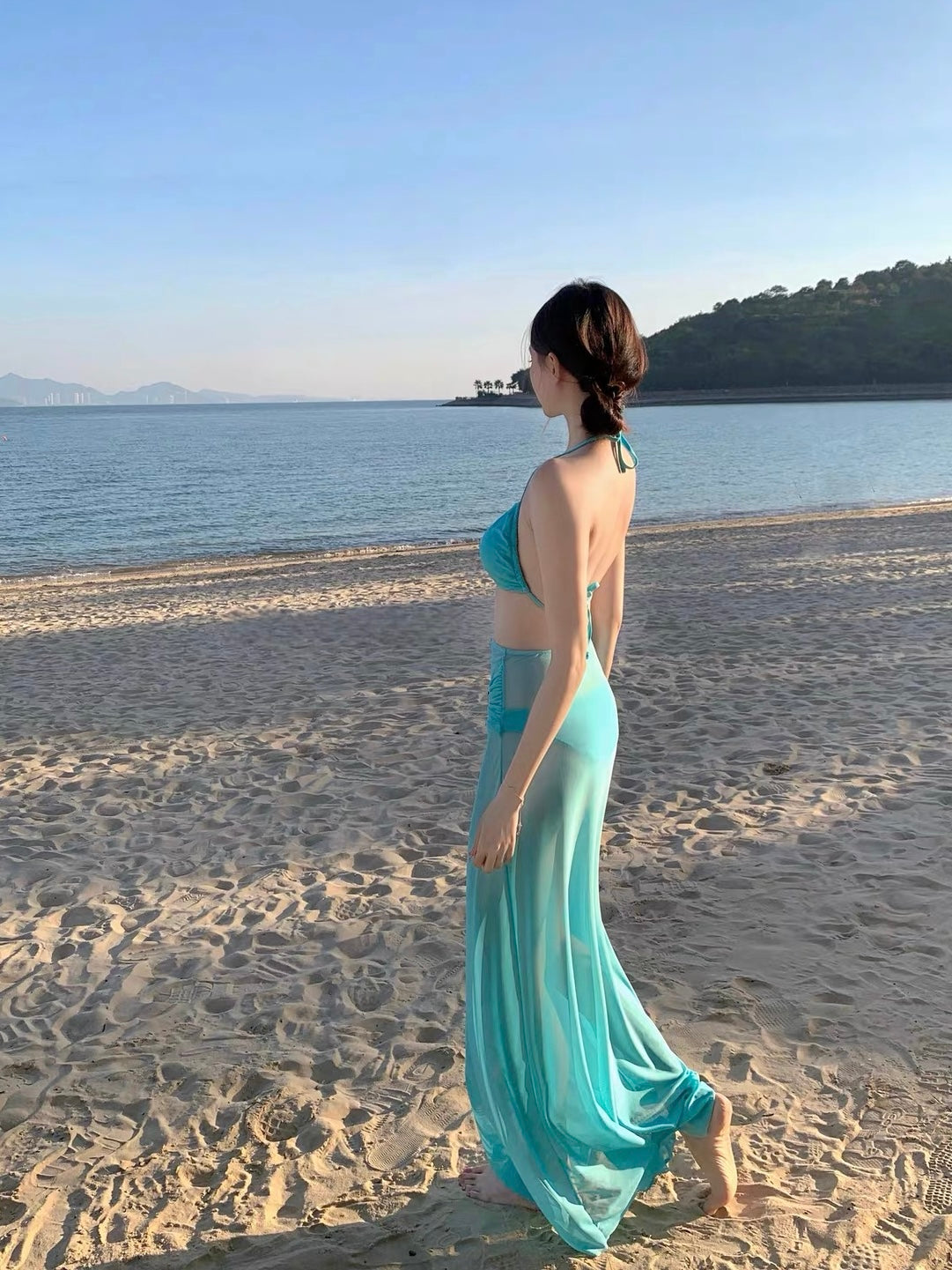 Aquamarine Halter Bikini Set with Mesh Maxi Skirt (3-Piece)
