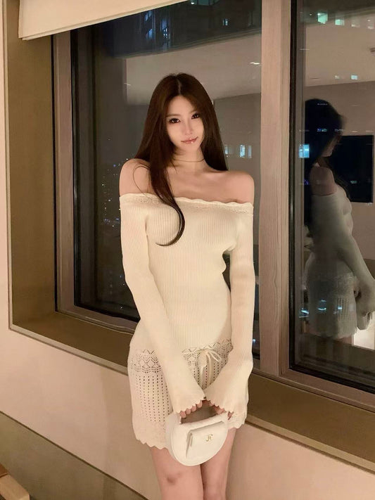 Soft White Lace Off-Shoulder Knit Mini Dress