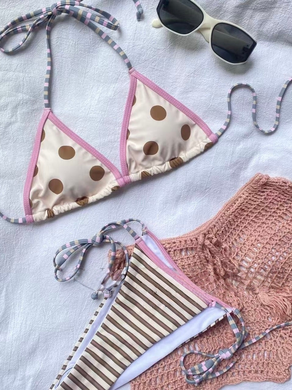 Pink Cabana Polka Dot Three-Piece Bikini Set