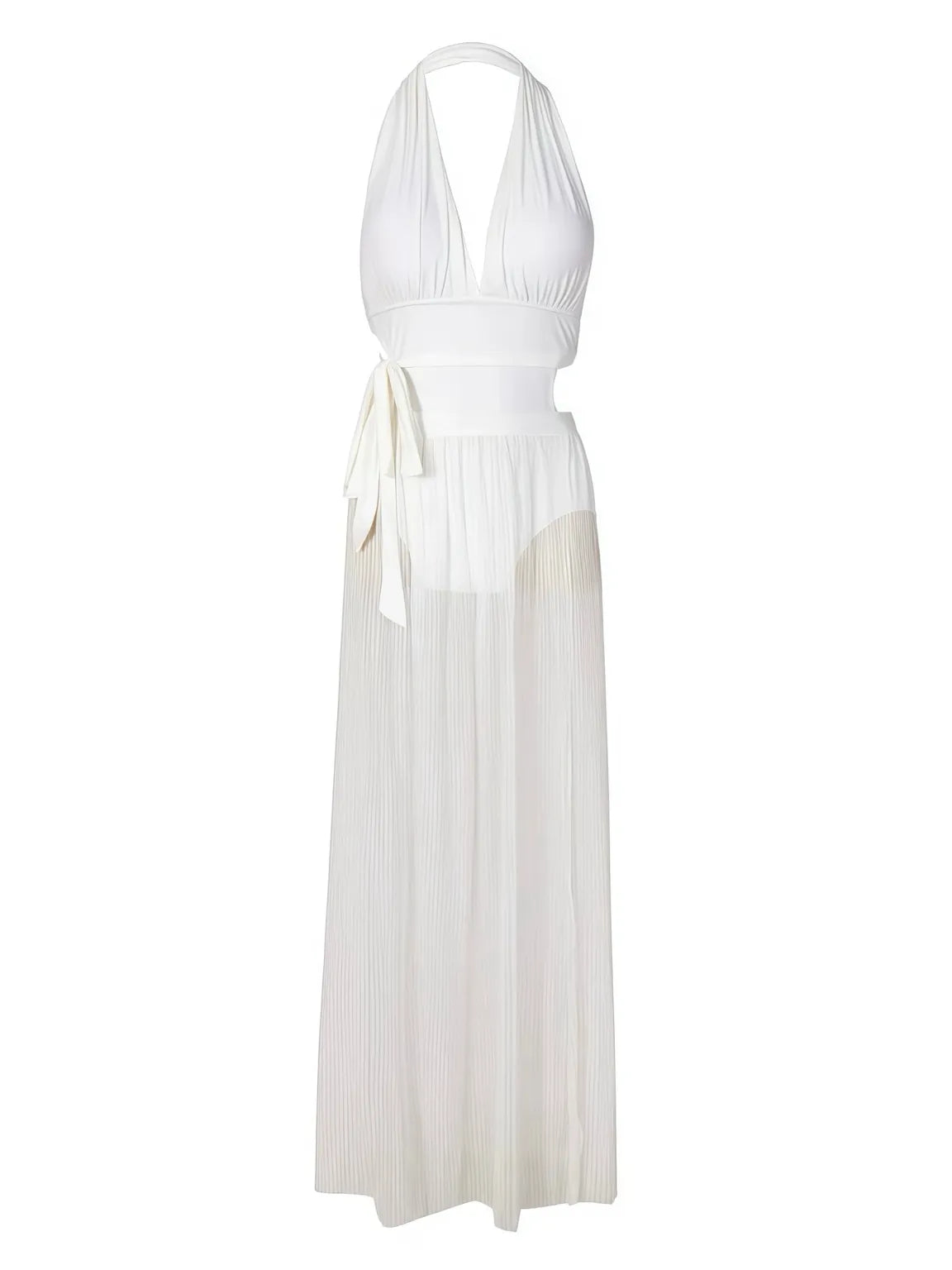 Elegant White Halter Cutout One-Piece Swimsuit and Sarong