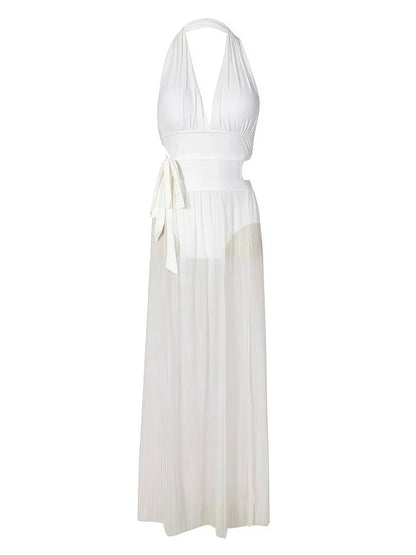 Elegant White Halter Cutout One-Piece Swimsuit and Sarong