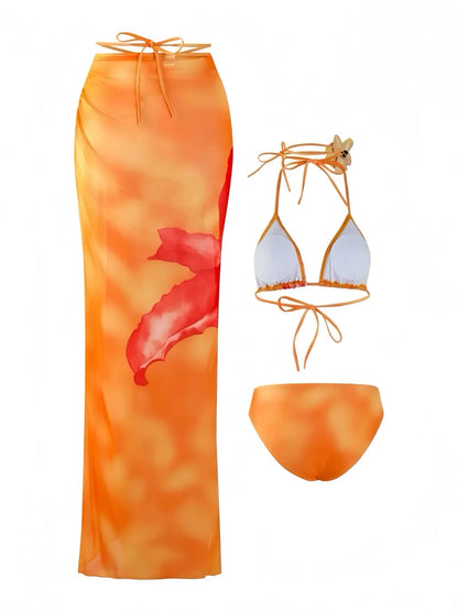 Orange Floral Print Bikini Set with Skirt - 3 Piece Bikini Set