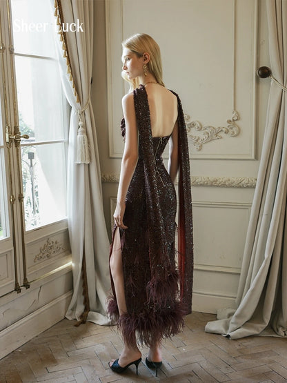 【宋轶同款】Diamond Ostrich Feather Sequin Strapless Cowl Neck Maxi Gown