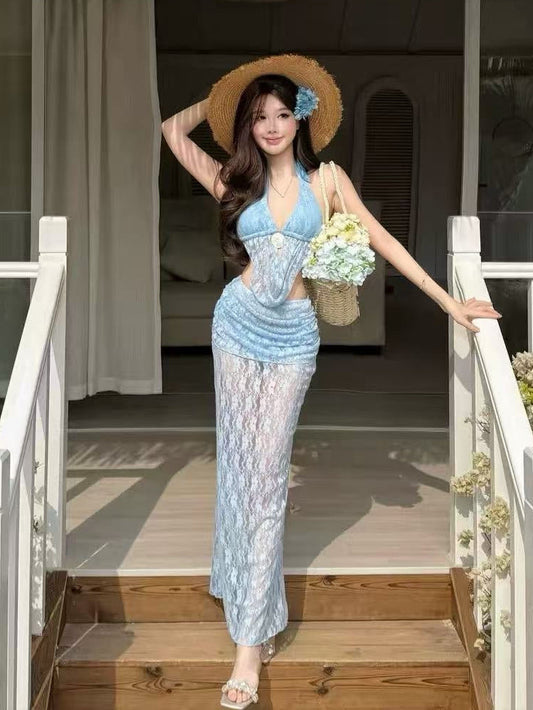 Azure Lace 3-Piece Bikini Resort Set