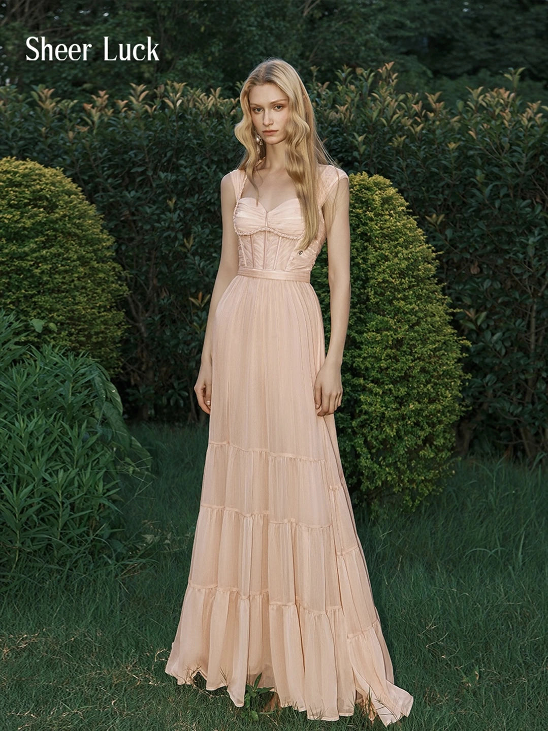 Tia Handmade Beaded Ruched Chiffon Mesh Halter A-Line Maxi Dress