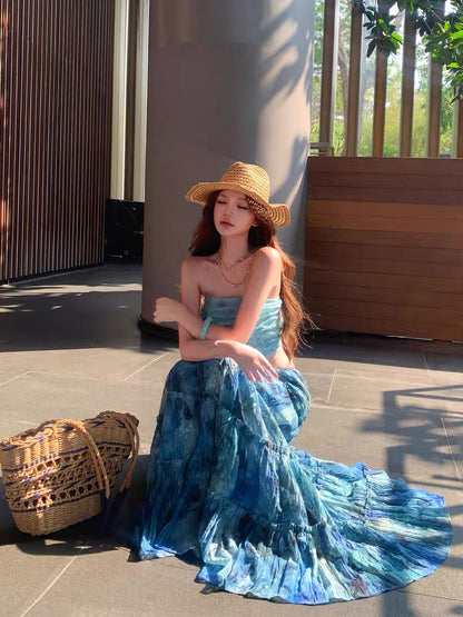 Azure Tide Bandeau Top & Maxi Skirt Set
