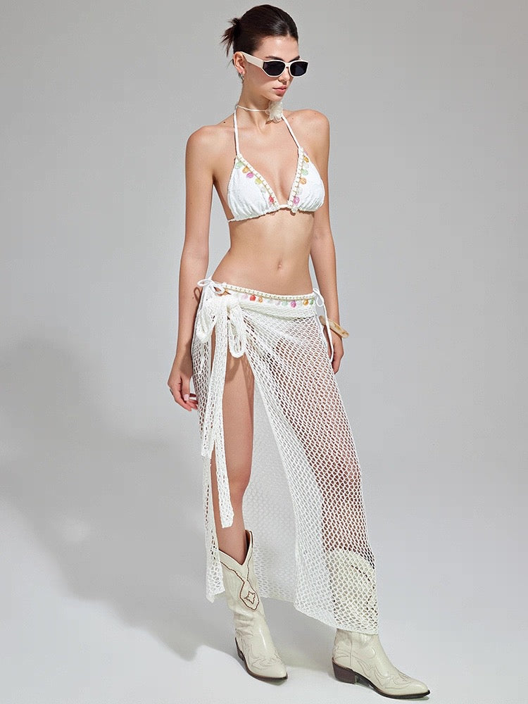 White Floral Textured Triangle Bikini Set with Fishnet Sarong