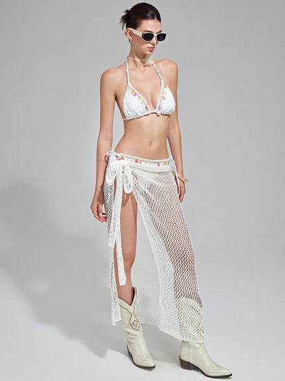 White Floral Textured Triangle Bikini Set with Fishnet Sarong