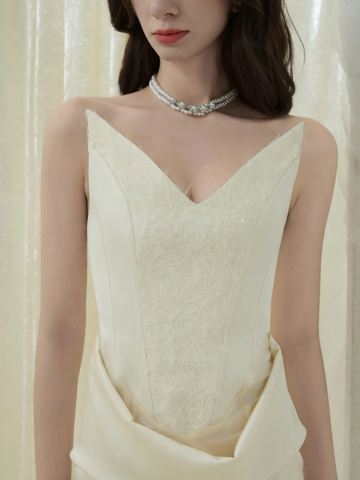 Crow Crew V-Neck Bustier Slit Maxi Dress with Mesh Floral Applique - PREORDER