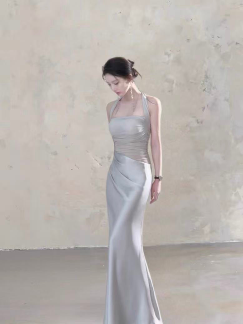 Moonlit Silver Mesh Halter Padded Maxi Dress