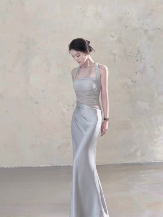 Moonlit Silver Mesh Halter Padded Maxi Dress