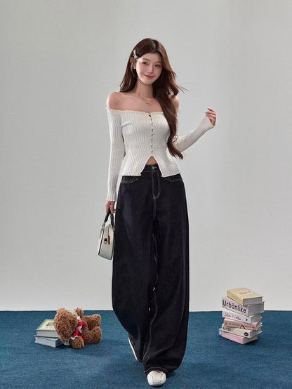 Off-Shoulder Soft Pearl Ribbed Knit Top