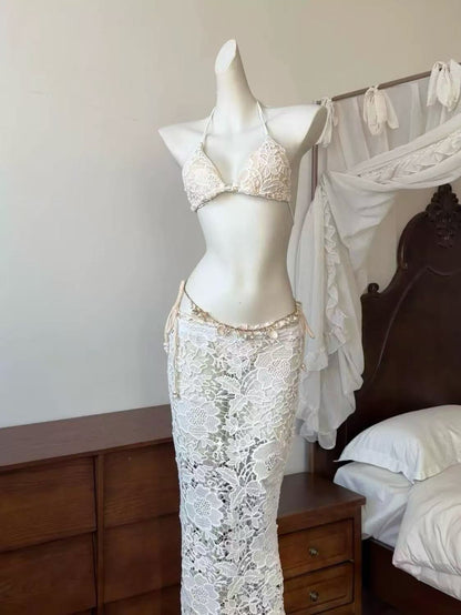 Ivory Lace Resort Set - 3 Piece Bikini Set with Pearl Waist Chain