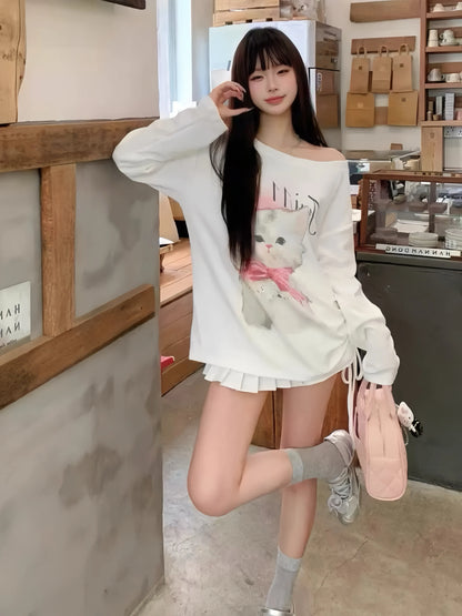 Cat Print Sheer Long Sleeve Top