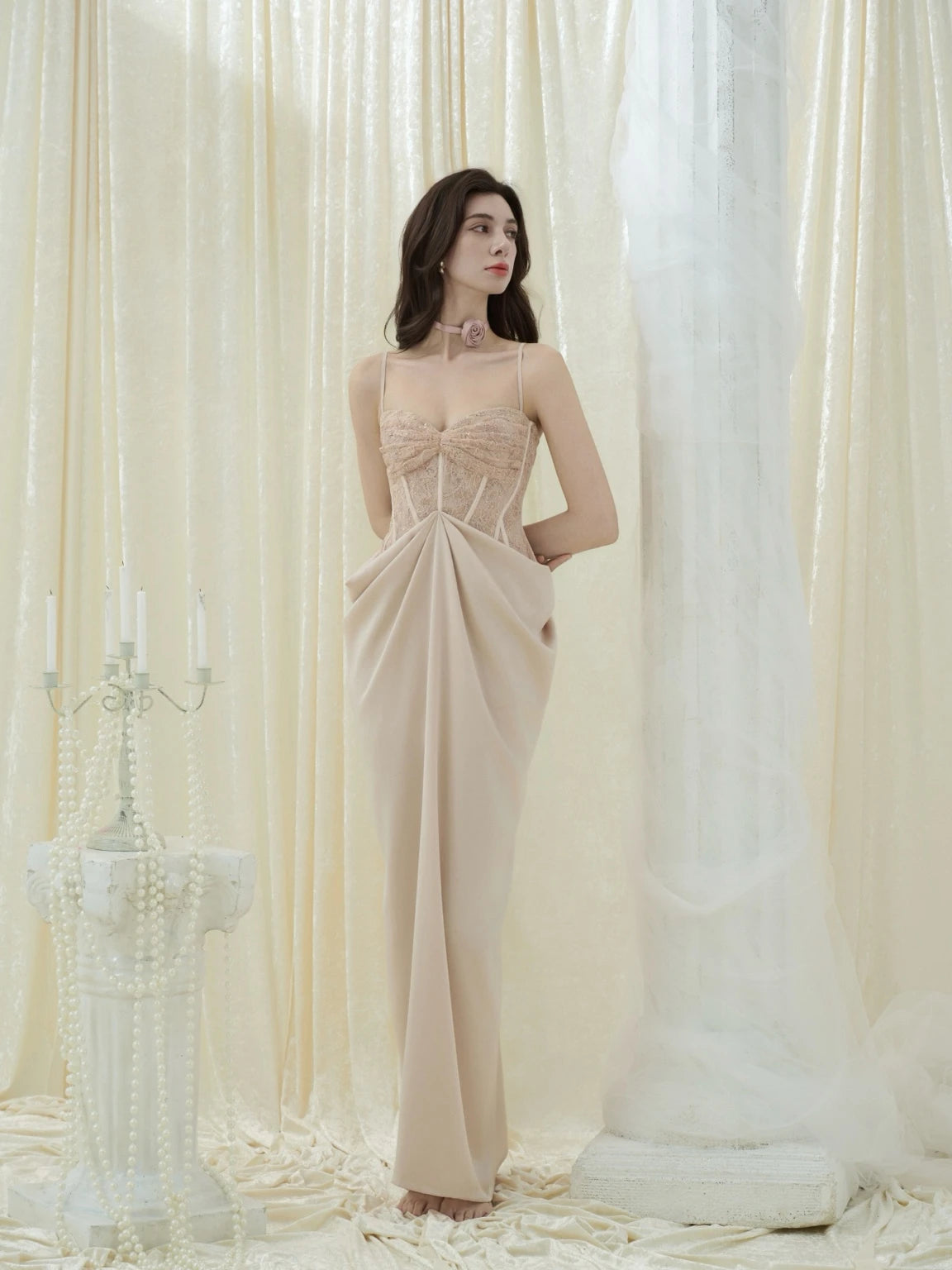 Crow Crew Lotus Pink Lace Corset Ruched Maxi Dress