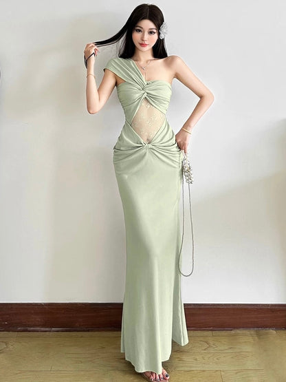 Mint Green One-Shoulder Lace Cut Out Maxi Dress