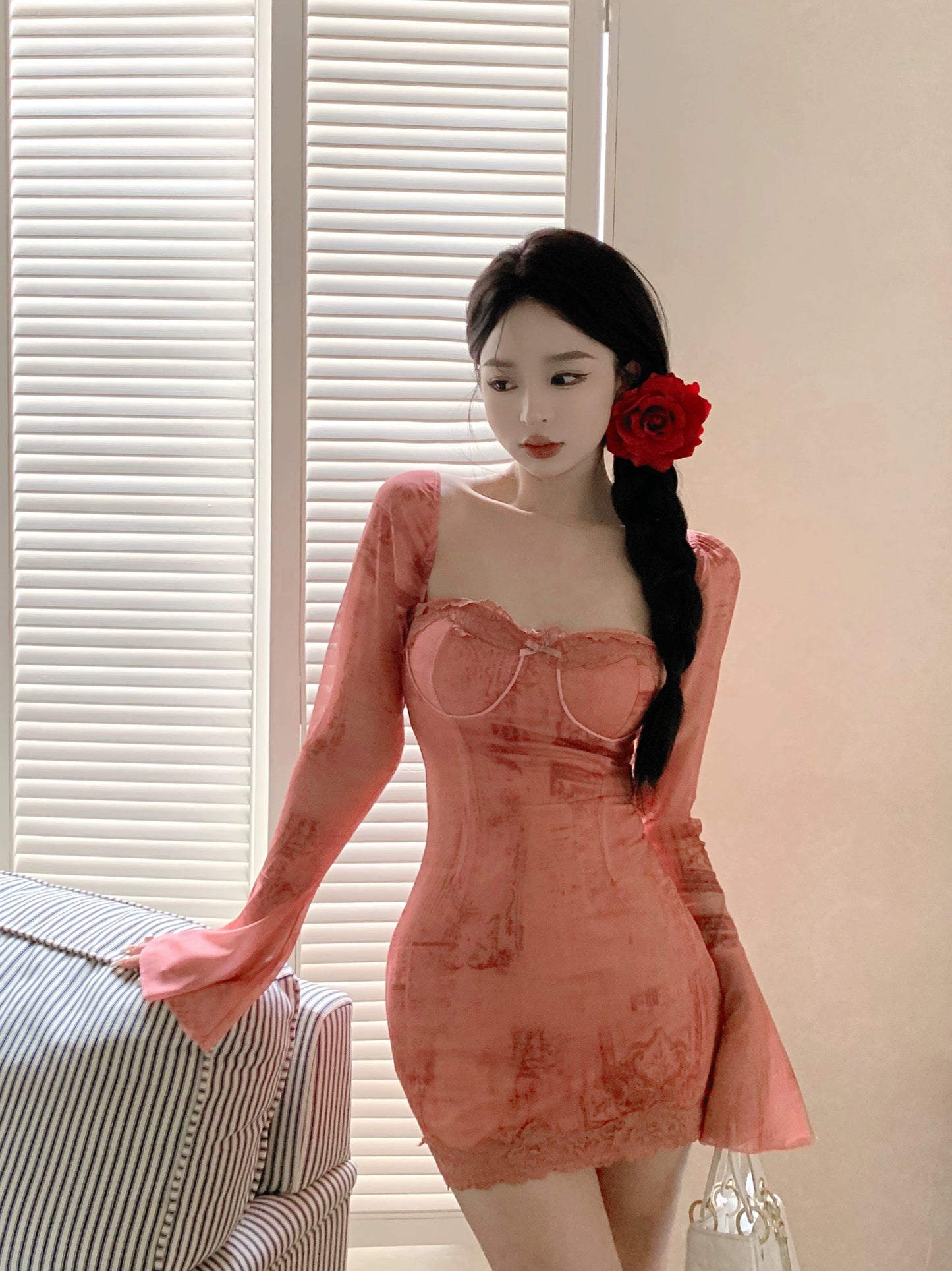 Caroline Long Sleeve Mesh Mini Dress