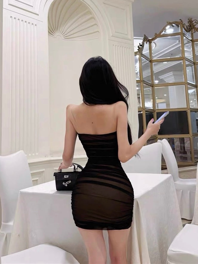 Aurelia Black Mesh Ruched Mini Dress