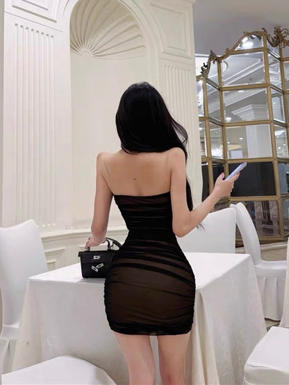 Aurelia Black Mesh Ruched Mini Dress