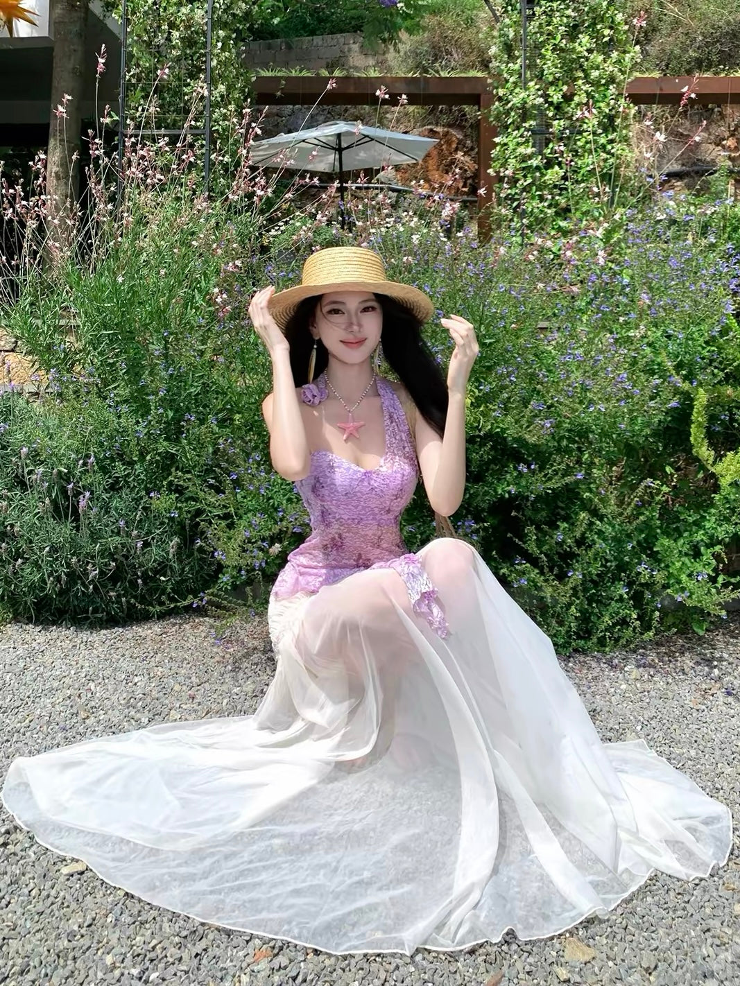 Liliane Lavender Floral Lace Top & Maxi Dress Resort Set