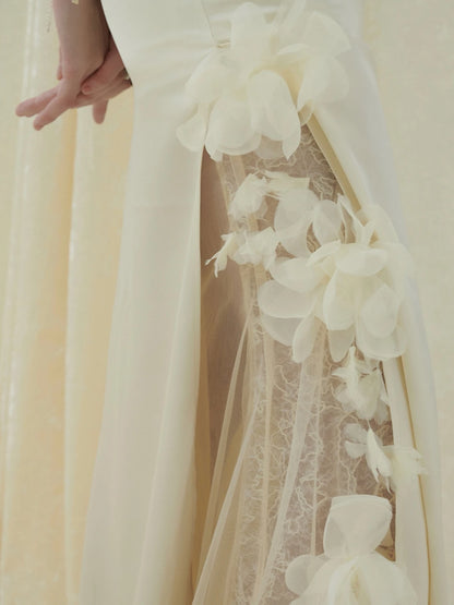 Crow Crew V-Neck Bustier Slit Maxi Dress with Mesh Floral Applique - PREORDER