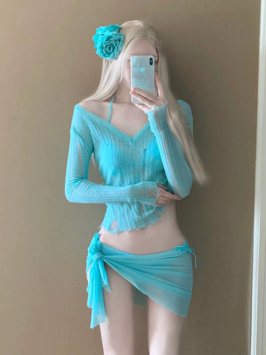 Tiffany Blue Triangle Bikini Set with Sarong and Knit