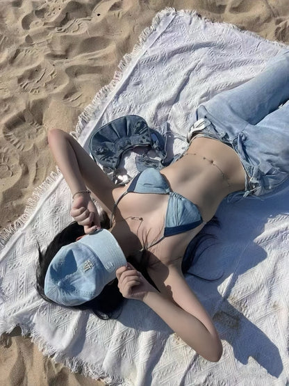 Patchwork Denim Tie Bikini Set