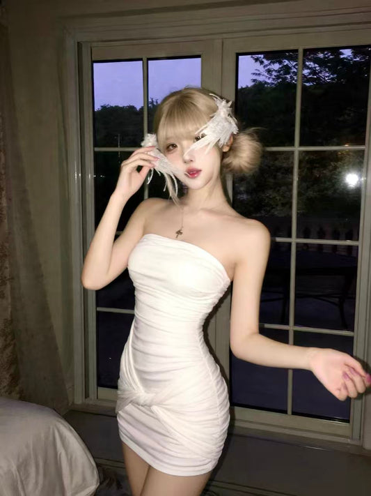Vesper Ivory Mesh Ruched Strapless Mini Dress
