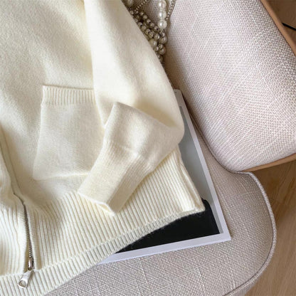 Snowy White Knit Zip-Up Jacket With Detachable Faux Fur