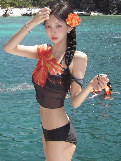 Sunset Hibiscus Three-Piece Bikini Set