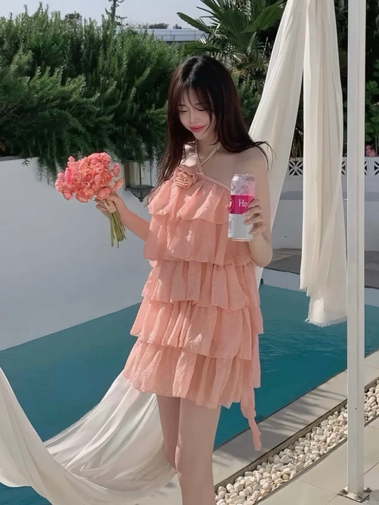 Misty Pink Floral Layered Ruffle Swim Dress