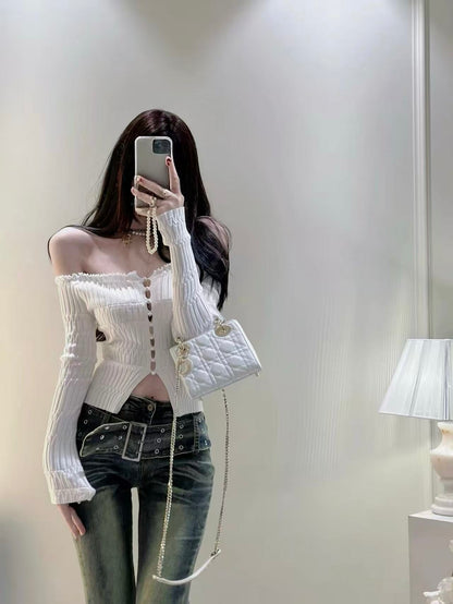 Off-Shoulder Soft Pearl Ribbed Knit Top