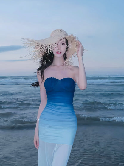 Mermaid Gradient Blue Padded Mesh Maxi Dress