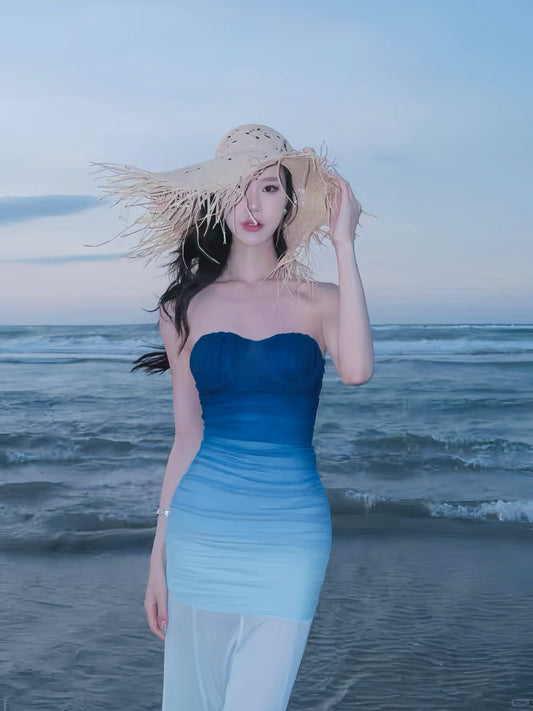 Mermaid Gradient Blue Padded Mesh Maxi Dress