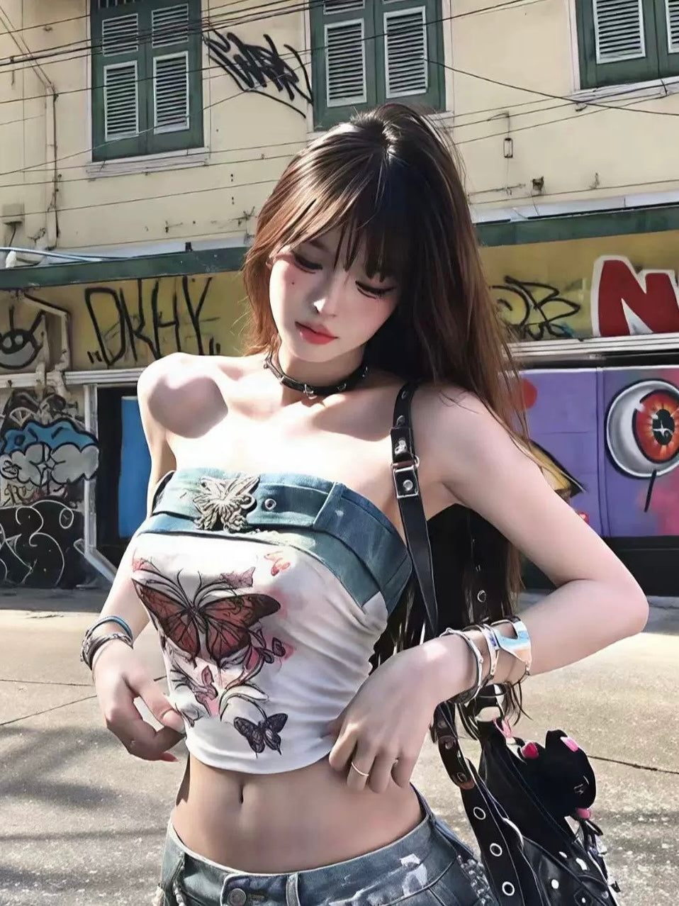 Y2K Butterfly Denim Bandeau Top