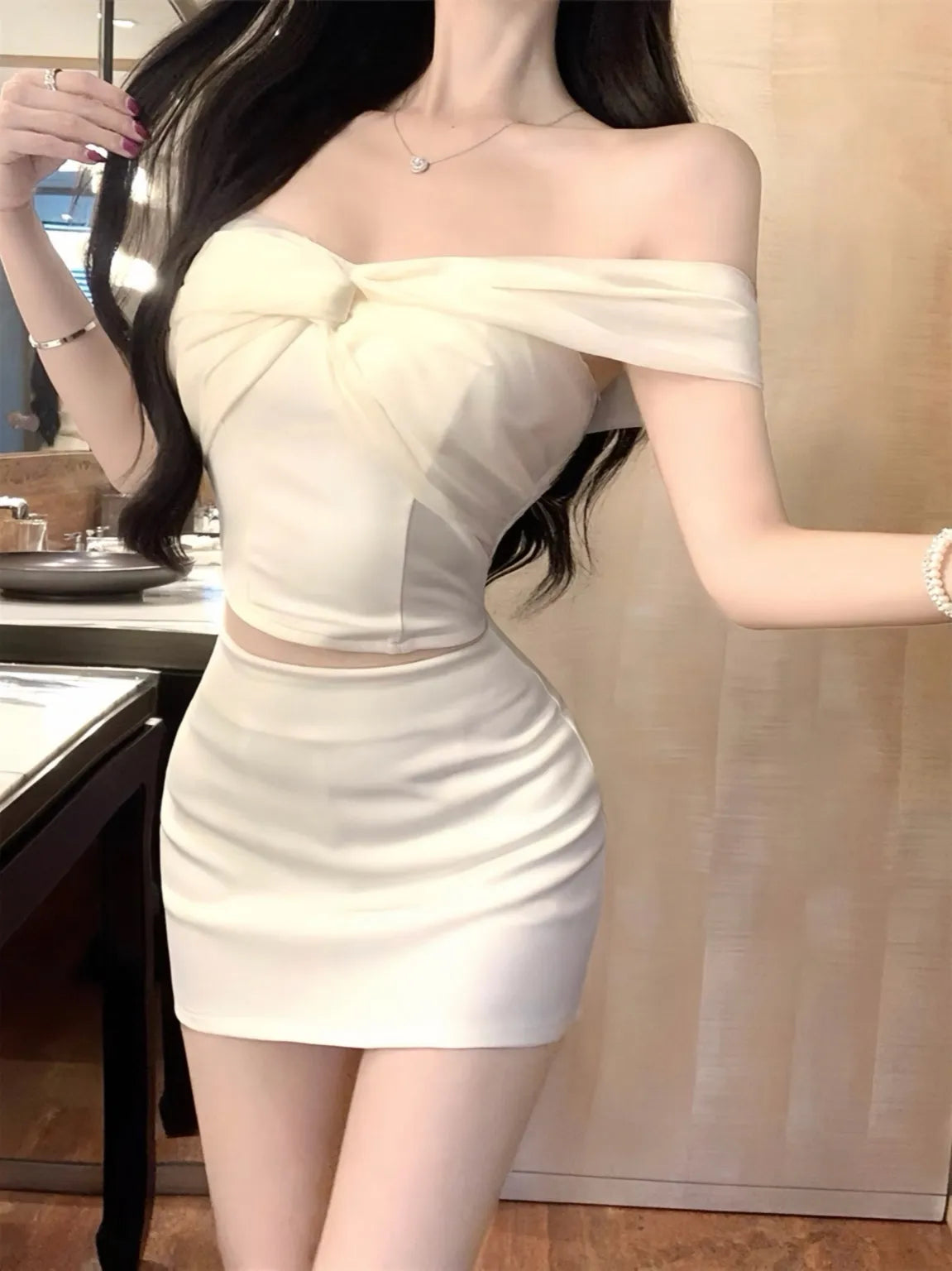 Off-Shoulder Ivory Two-Piece Dress Set with Chain Belt
