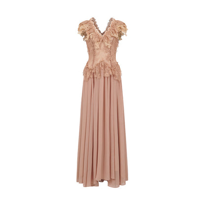 SHEERLUCK SLLYQ26404 Lace patchwork deep V-high slit dress
