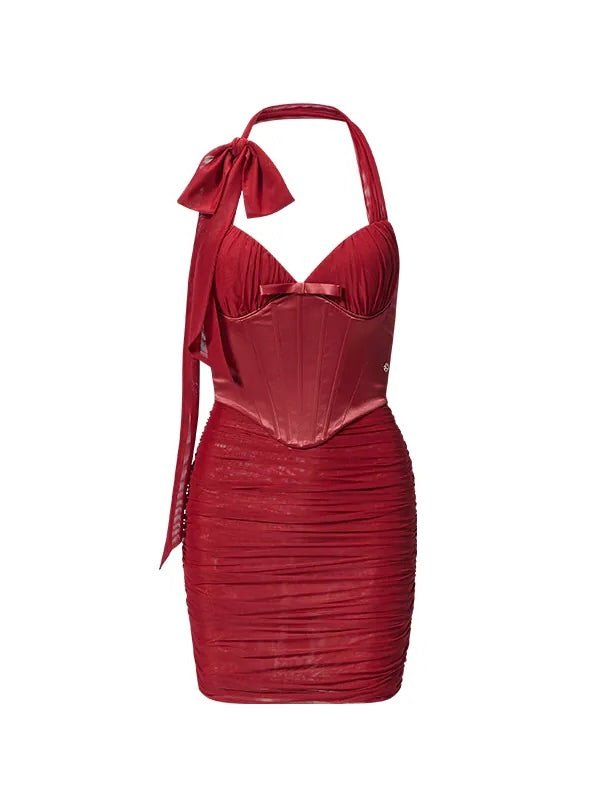 Rosetta Mesh Halter Neck Ruched Corset Mini Dress