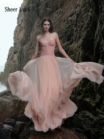 Wavy Lace Corset Strapless Tulle Maxi Gown