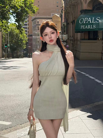 Sage Green Asymmetric Halter Knit Mini Dress