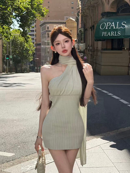 Sage Green Asymmetric Halter Knit Mini Dress